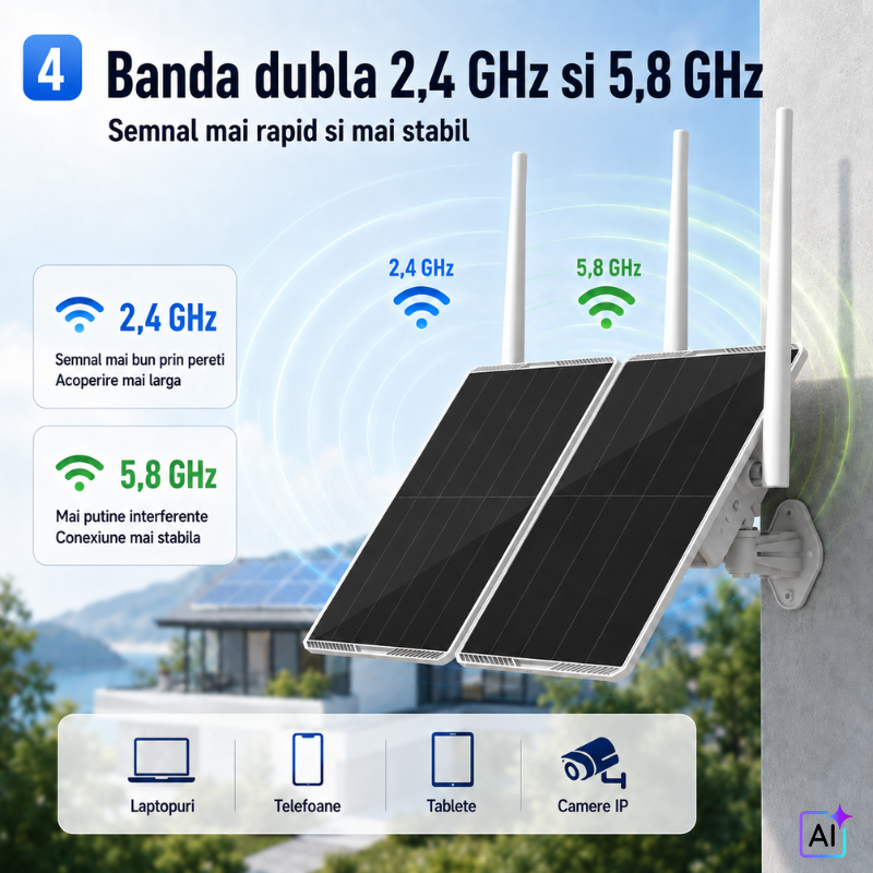 Router Solar 4G cu Panou Dublu de 30W, Acumulator de 30.000 mAh, Acoperire 300 Metri pentru camere IP de exterior