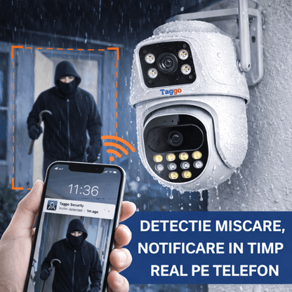 Camera de supraveghere WIFI 4K, 2 lentile, Control din aplicatie, Urmarire automata, Rezistenta la apa IP66