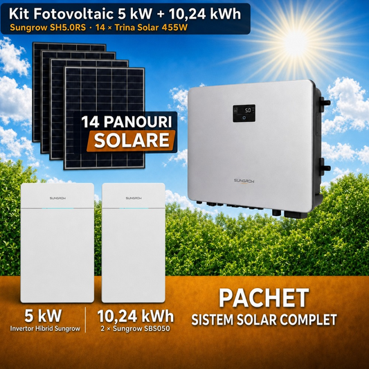 Sistem Fotovoltaic Complet 5 kW cu 14 Panouri Trina Solar 455W + Invertor Hibrid Sungrow 5 kW Monofazat + Stocare LiFePO4 10.24 kWh