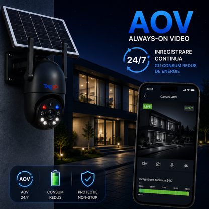Camera WiFi Solara 4K 8MP cu Detectie AI Persoane, Inregistrare 24/7 AOV, Vedere Color Nocturna, IP66