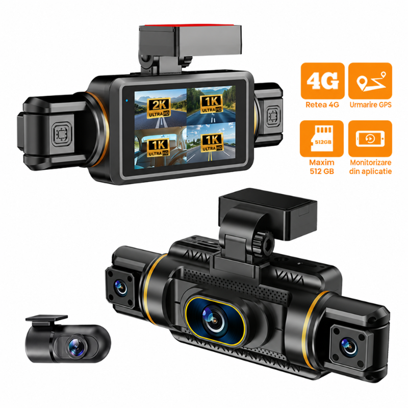 Camera de bord Crocodil 2K Conexiune 4G, 4 Camere, Monitorizare parcare 24h, GPS,  Ecran 3 inch