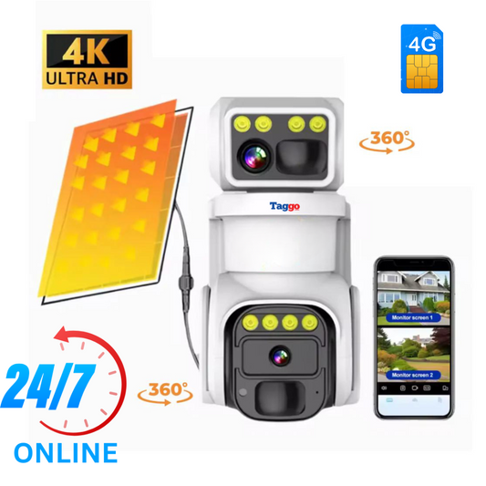 Camera Supraveghere 4G 4K Ultra HD, 24 ore online, Dual Camera 360, Incarcare Solara, Rotire Din Aplicatie, Rezistenta La Apa IP 66, Card Memorie 64GB