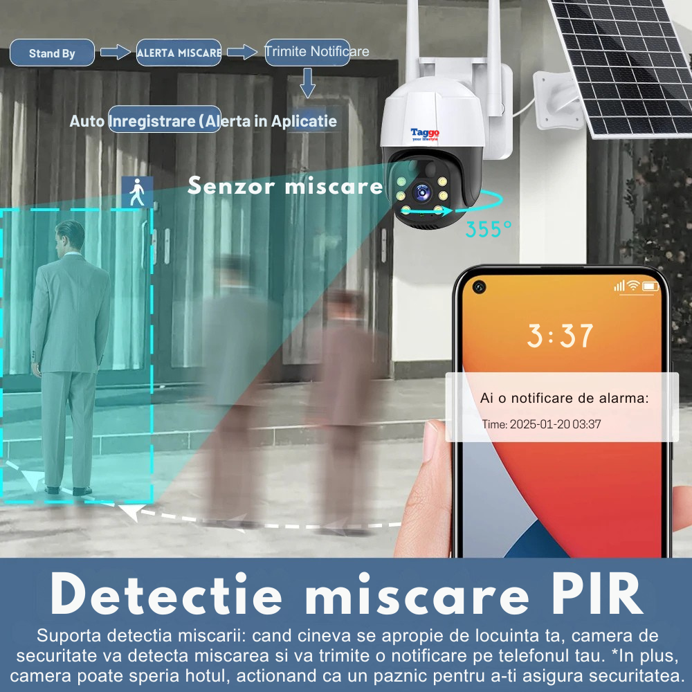 Camera de Supraveghere Solara Exterior 4G Cartela SIM 5 MP, Zoom 10X, Full HD, Panou Solar 10W Rezistenta La Apa IP 66 + Card 64GB