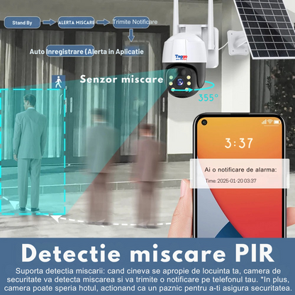 Camera de Supraveghere Solara Exterior 4G Cartela SIM 5 MP, Zoom 10X, Full HD, Panou Solar 10W Rezistenta La Apa IP 66 + Card 64GB