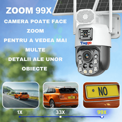 Camera Supravghere Panou Solar Dublu, 4k, Zoom 99X, Conexiune eSIM/4G, Inregistrare AOV, Full Color Noaptea