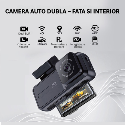 Camera Auto Dubla- Fata si Interior 4K, Cartela SIM 4G, Functionare 24/24, Viziune Nocturna, Comunicare Bidirectionala, GPS - Taggo.ro