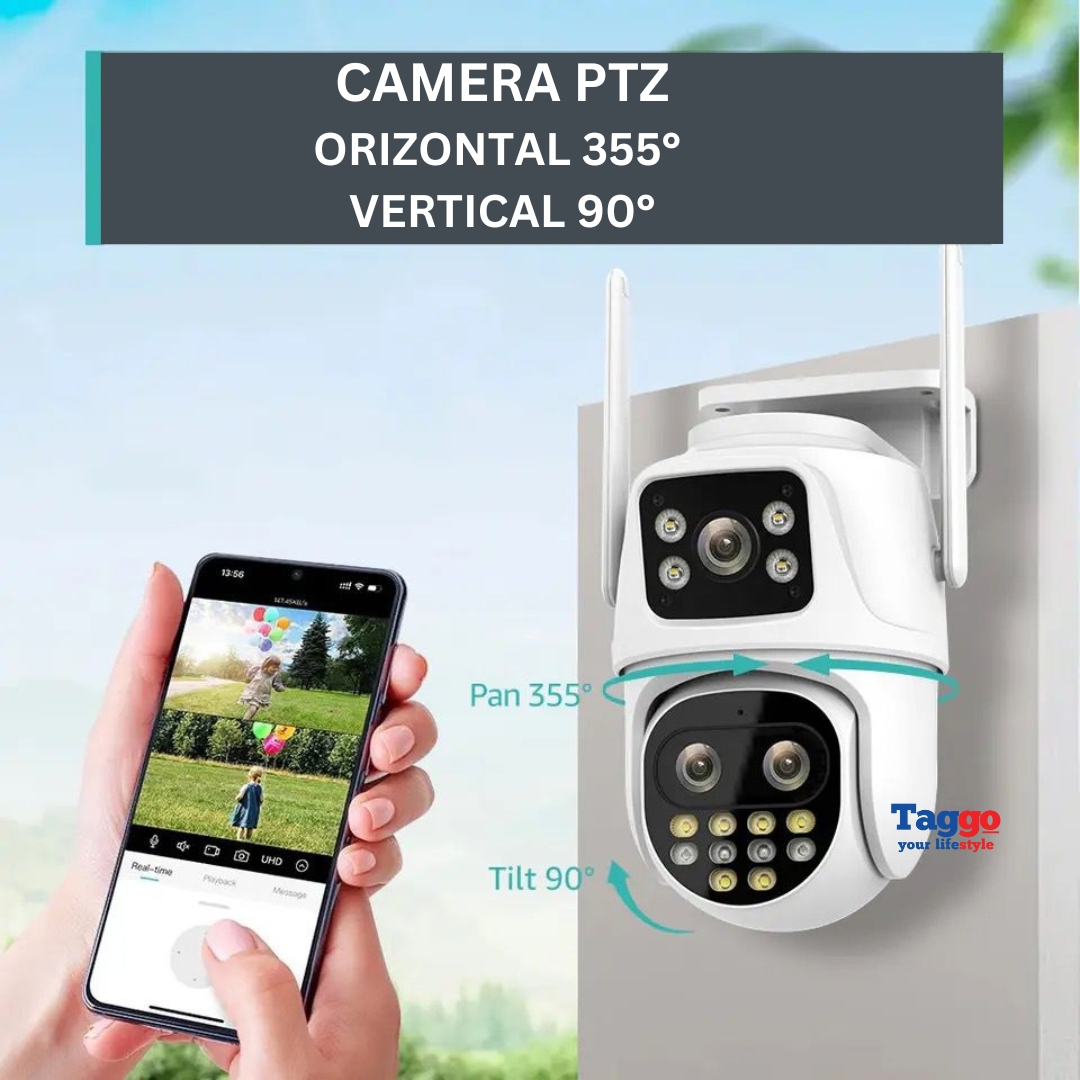 Camera de supraveghere WIFI 6K, 3 lentile, Zoom 8X, Control din aplicatie, Urmarire automata, Rezistenta la apa IP66