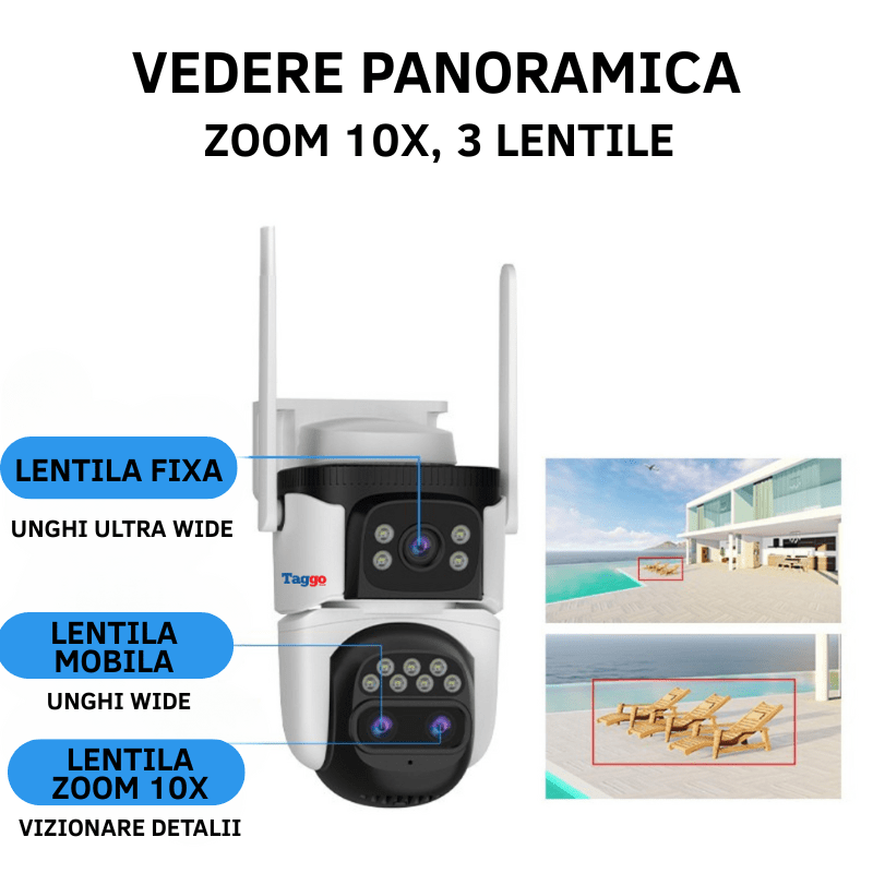 Camera de Supraveghere WIFI, 3 lentile, 6K 9MP, Auto Zooming 10x hybrid, Notificari, Control din Aplicatie, Urmarire Automata