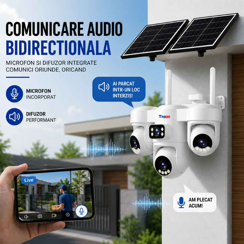 Camera Supraveghere WiFi Solara 12MP cu 3 Lentile, PTZ, AOV, AI si Comunicare Bidirectionala