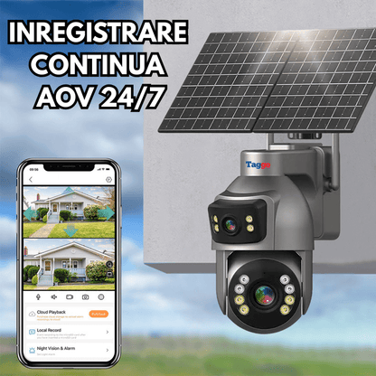 Camera Supraveghere cu Panou Solar Dublu TAGGO pentru exterior, conexiune 4G 4K, Inregistrare Continua AOV, Zoom Optic 36x