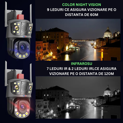 Camera de supraveghere WIFI 4K, Zoom 100X, 2 lentile, Control din aplicatie, Detectie umana, Rezistenta la apa IP66
