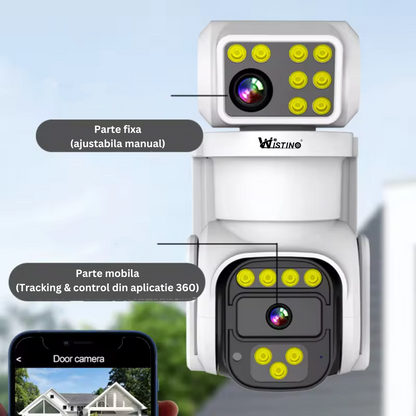 Camera de supraveghere WIFI 4K, 8MP, 2 lentile, Rezistenta la apa IP66, Control din aplicatie, Urmarire automata