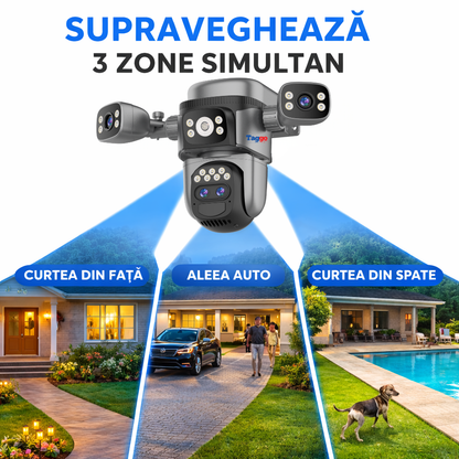 Camera de supraveghere 4G 4K 12MP Crocodil AOV cu panou solar dublu, 4 lentile, zoom optic 10x, comunicare bidirectionala, senzor detectie PIR, viziune nocturna, rezistenta la apa