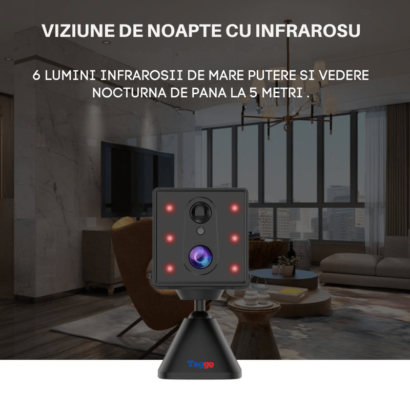 Mini cameră de supraveghere WIFI Taggo.ro cu acumulator 2000mAh, detectie umană PIR și viziune nocturnă.