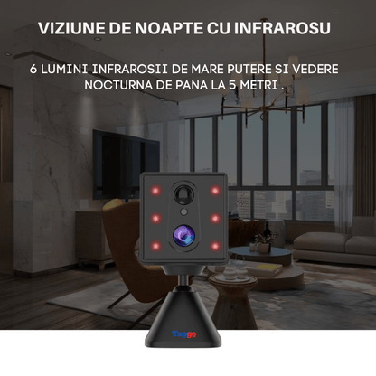 Mini cameră de supraveghere WIFI Taggo.ro cu acumulator 2000mAh, detectie umană PIR și viziune nocturnă.