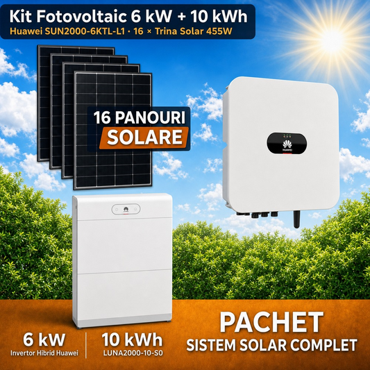 Sistem Fotovoltaic Complet 6 kW cu 16 Panouri Trina Solar 455W + Invertor Hibrid Huawei 6 kW Monofazat + Stocare LiFePO4 10 kWh