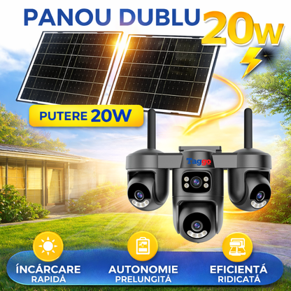 Camera de supraveghere 4G cu dublu panou solar, 12MP, 4 lentile, functie AOV, comunicare bidirectionala, detectie umana AI