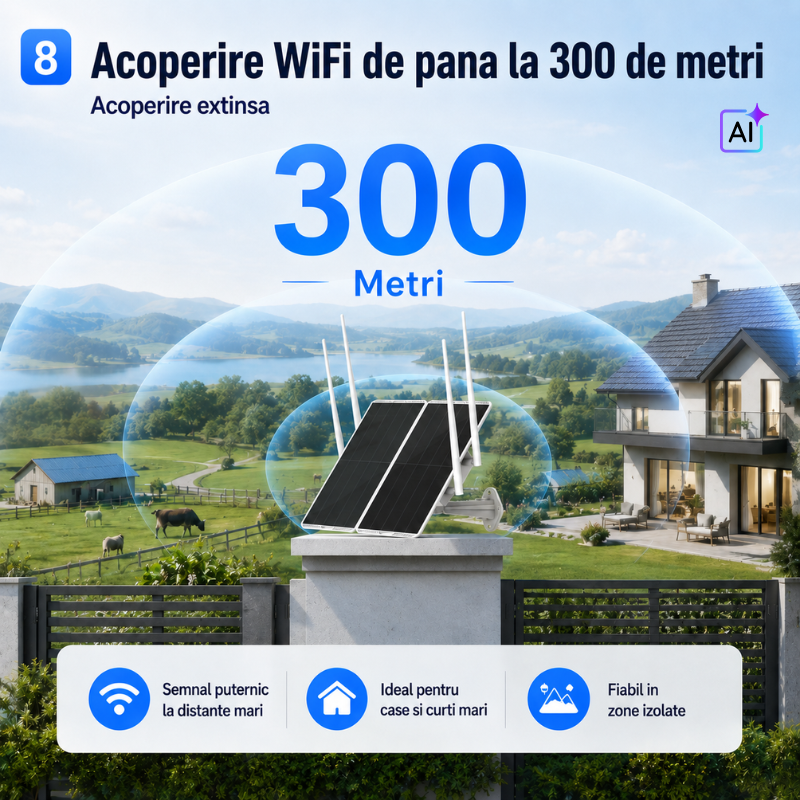 Router Solar 4G cu Panou Dublu de 30W, Acumulator de 30.000 mAh, Acoperire 300 Metri pentru camere IP de exterior