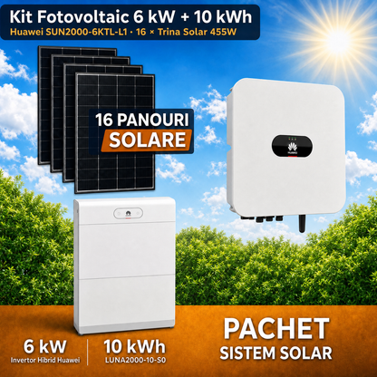 Sistem Fotovoltaic 6 kW cu 16 Panouri Trina Solar 455W + Invertor Hibrid Huawei 6 kW Monofazat + Stocare LiFePO4 10 kWh