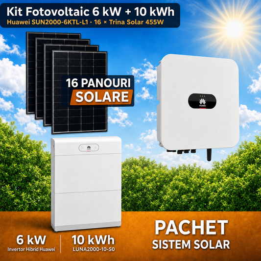 Sistem Fotovoltaic 6 kW cu 16 Panouri Trina Solar 455W + Invertor Hibrid Huawei 6 kW Monofazat + Stocare LiFePO4 10 kWh