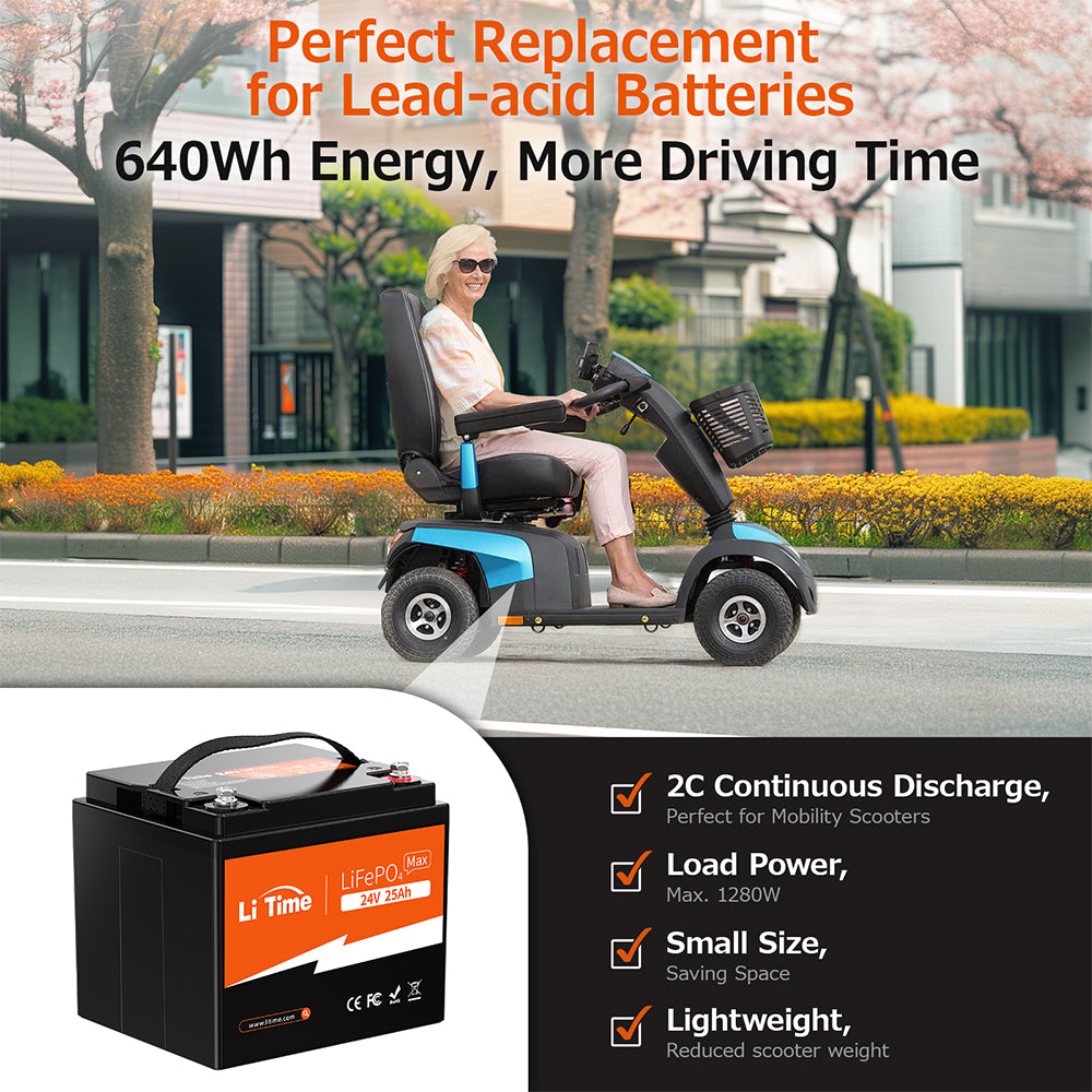 Baterie LiFePO4 LiTime 24V 25Ah 640Wh, BMS 50A pentru Scaun Rulant si Unelte