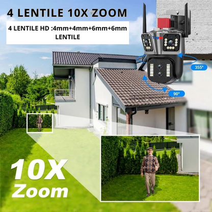 Camera de supraveghere Zoom 10X, WIFI 8K, 16MP, 4 lentile, Control din aplicatie, Comunicare bidirectionala, Urmarire automata, Card 128GB