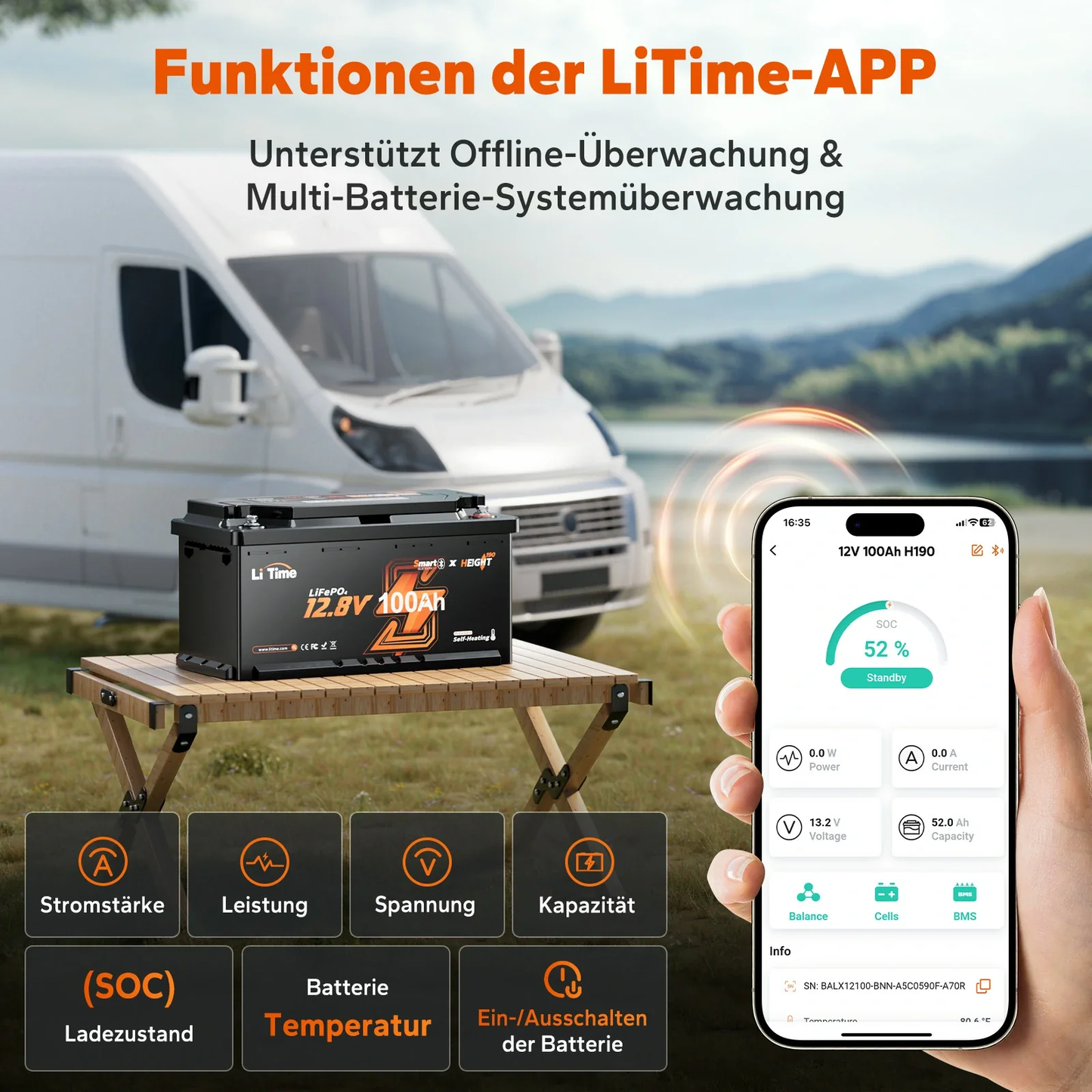 Acumulator LiTime LiFePO4 12V 100Ah – BMS 200A Descarcare Continua, Bluetooth, Incalzire Integrata, IP65, 358x177x189mm