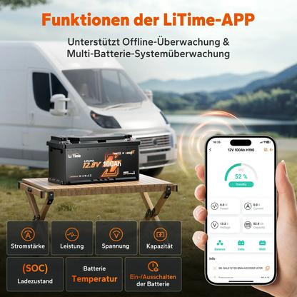 Acumulator LiTime LiFePO4 12V 100Ah – BMS 200A Descarcare Continua, Bluetooth, Incalzire Integrata, IP65, 358x177x189mm