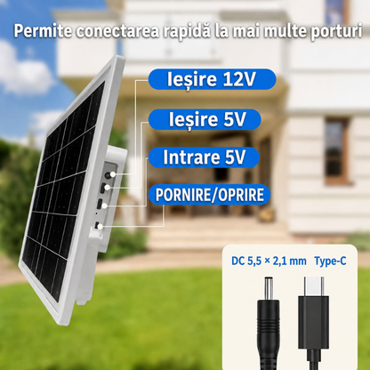 Panou Solar 8W cu Acumulator 12.000mAh pentru Camere de Supraveghere, 5V/12V, IP66, Type-C și DC