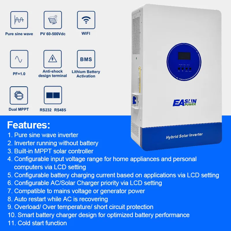 Invertor Off-Grid Easun Power 11kW 48V 500V DC, Dual MPPT 150A, WiFi + RS485