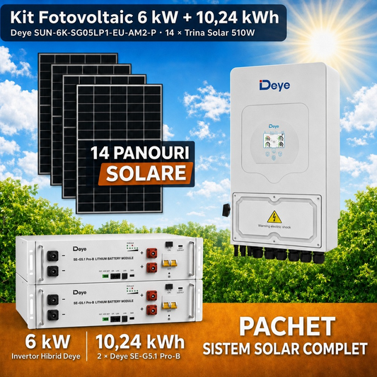 Sistem Fotovoltaic Complet 6 kW cu 14 Panouri Trina Solar 510W + Invertor Hibrid Deye 6 kW Monofazat LV + Stocare LiFePO4 10.24 kWh