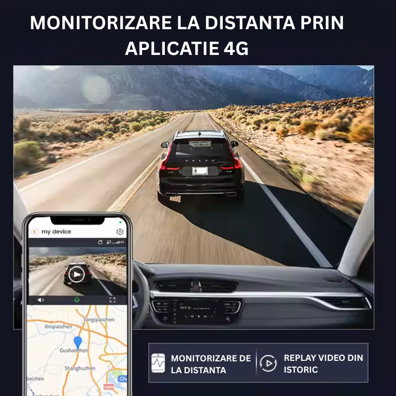 Camera Auto 2K, Conexiune 4G, Fata+Spate, DVR Auto,  Functie GPS, Monitorizare Traseu