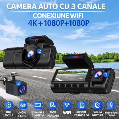 Camera auto Tripla TAGGO WIFI Fata 4K + Interior 1080p + Spate 1080p, Monitorizare Parcare 24h