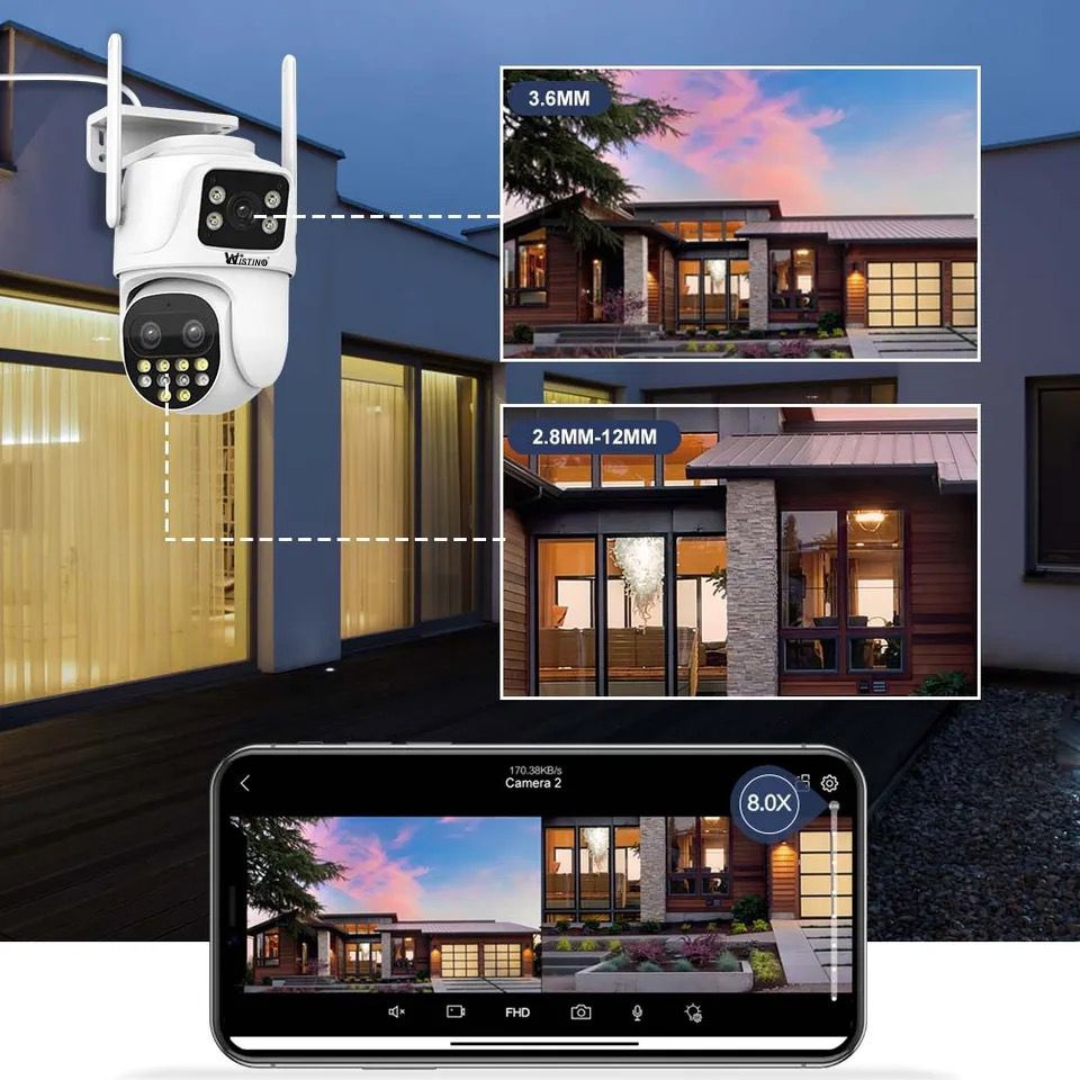 Camera de supraveghere WIFI 6K, 3 lentile, Zoom 8X, Control din aplicatie, Urmarire automata, Rezistenta la apa IP66