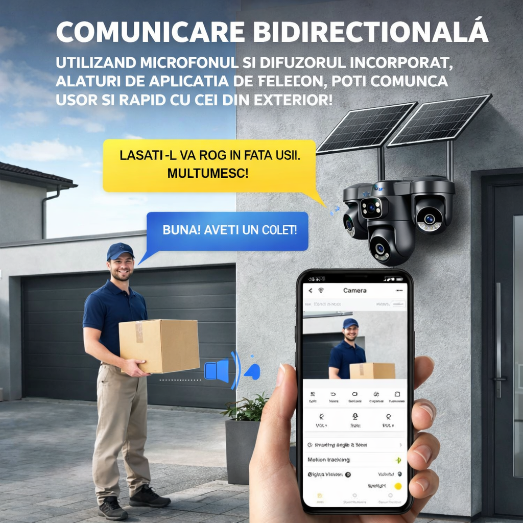 Camera de supraveghere 4G cu dublu panou solar, 12MP, 4 lentile, functie AOV, comunicare bidirectionala, detectie umana AI