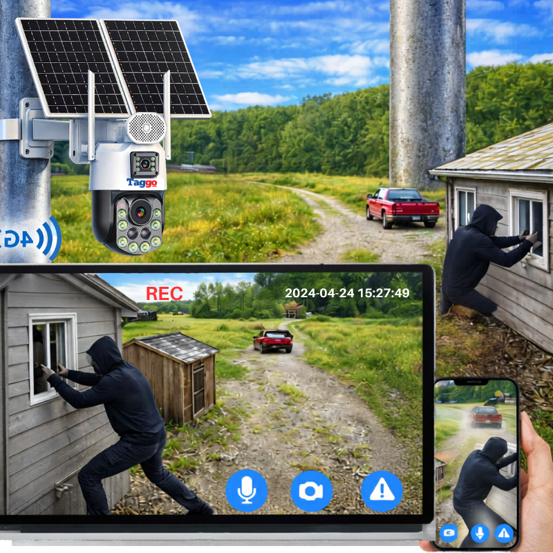 Camera Supravghere Panou Solar Dublu, 4k, Zoom 99X, Conexiune eSIM/4G, Inregistrare AOV, Full Color Noaptea