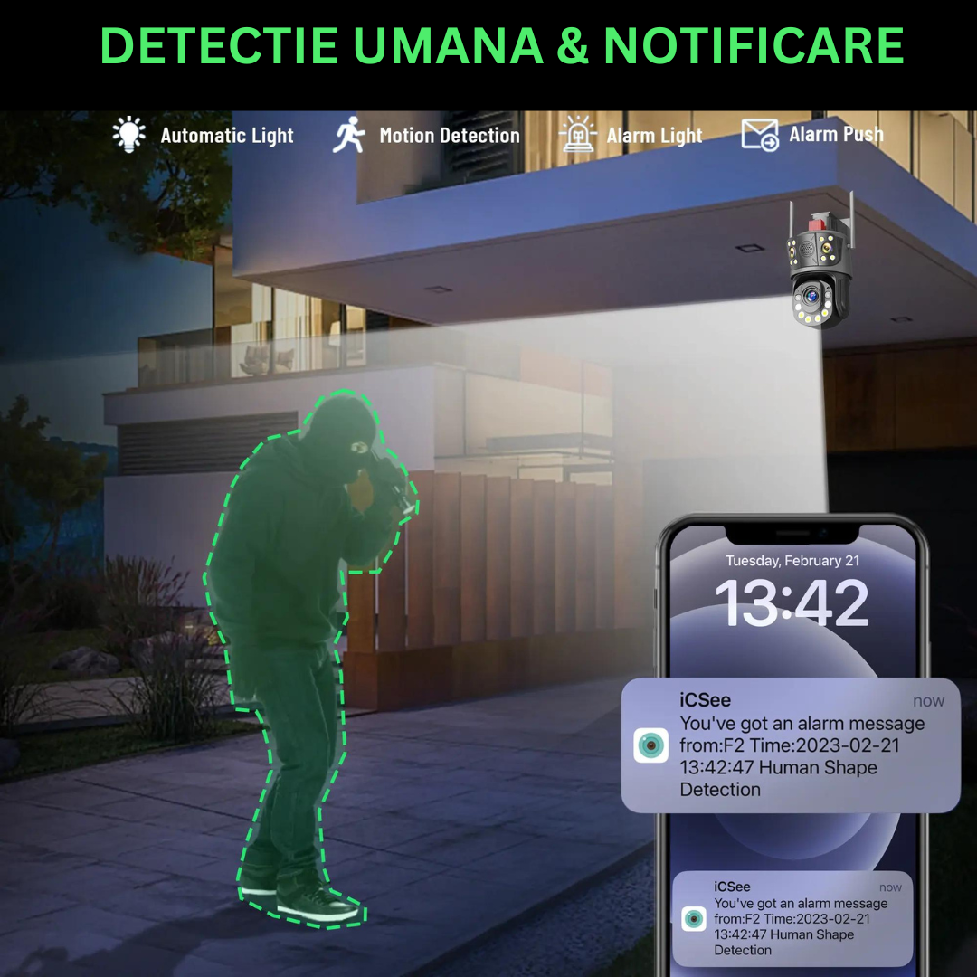 Camera de supraveghere WIFI 4K, Zoom 100X, 2 lentile, Control din aplicatie, Detectie umana, Rezistenta la apa IP66