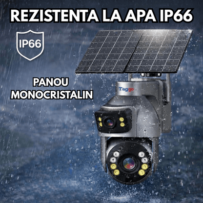 Camera Supraveghere cu Panou Solar Dublu TAGGO pentru exterior, conexiune 4G 4K, Inregistrare Continua AOV, Zoom Optic 36x