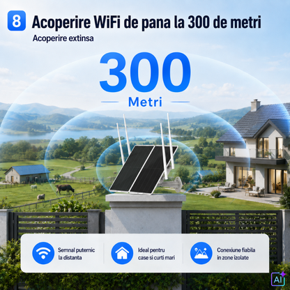 Extender WiFi Solar pentru Exterior, Raza de Acoperire 300 Metri, Panou Solar Dublu 30W, Acumulator 30000mAh, Dual Band 2.4GHz si 5GHz, pentru Camere de Supraveghere IP