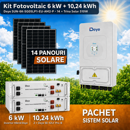 Sistem Fotovoltaic 6 kW cu 14 Panouri Trina Solar 510W + Invertor Hibrid Deye 6 kW Monofazat LV + Stocare LiFePO4 10.24 kWh
