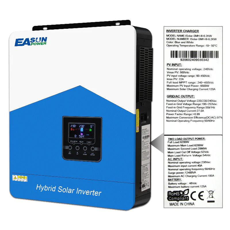 Invertor solar EASUN SMH III 6.2kW Off-Grid 48V cu MPPT 120A, WiFi inclus