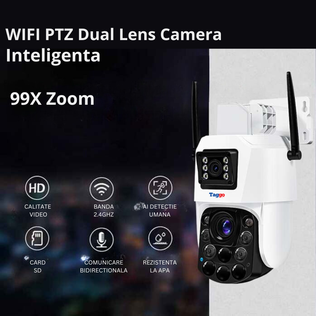 Camera de supraveghere 4G Cartela SIM 4K, 100X, 2 lentile, Control din aplicatie, Detectie umana, Rezistenta la apa IP66