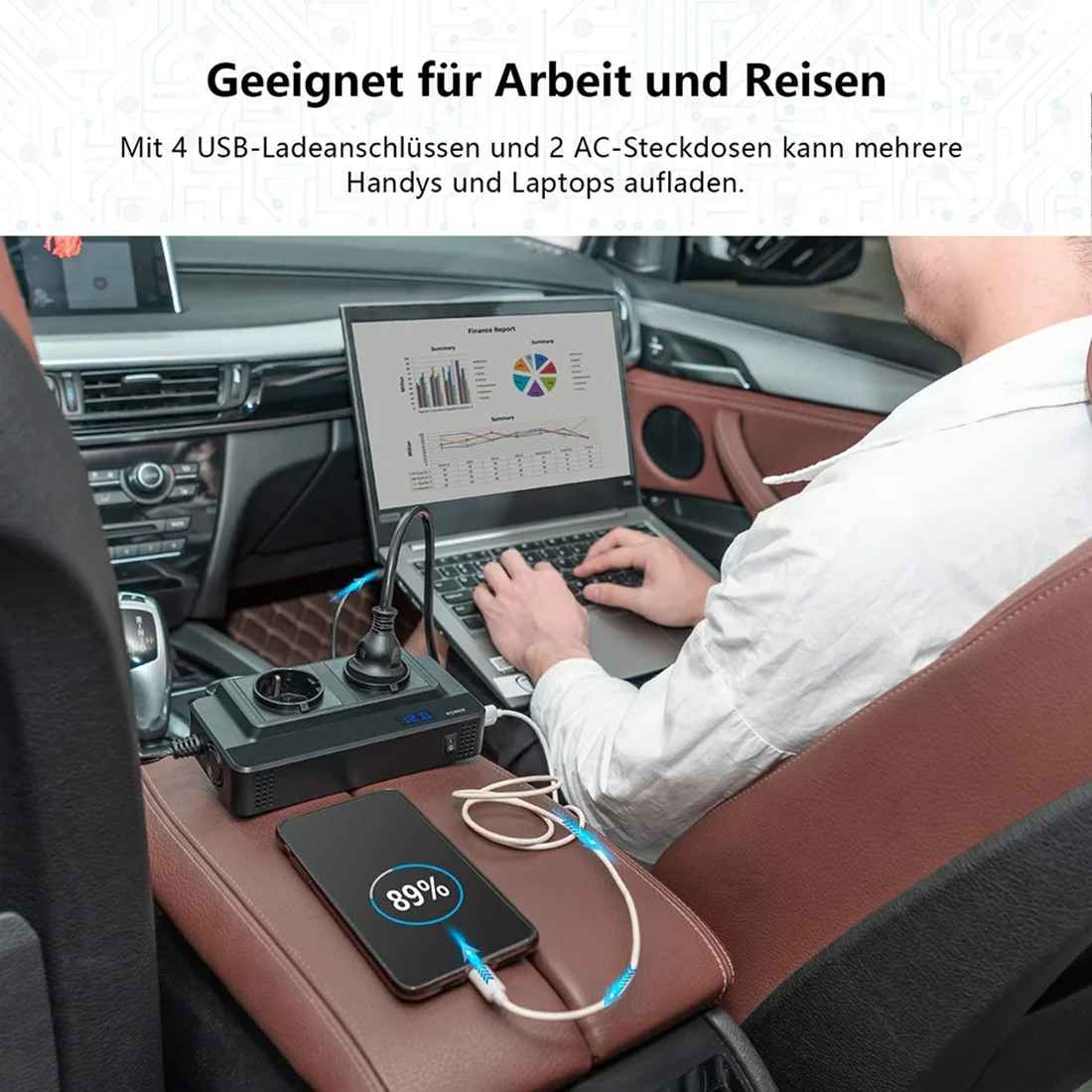 Invertor alimentat 12V, Priza EU Dubla 230V, Putere 400W, 4 x Porturi USB, 5.4A, Suport PD, Afisaj Digital