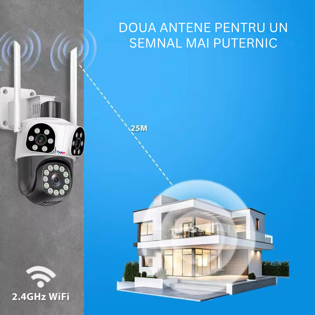 Camera de supraveghere WIFI 3K, 8MP, 3 lentile, Urmarire automata, Control din aplicatie, Rezistenta la apa