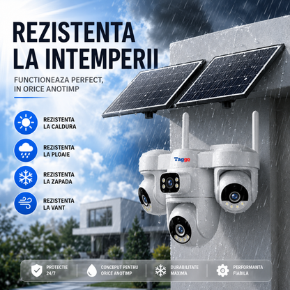Camera Supraveghere WiFi Solara 16MP cu Dublu Panou Solar, 4 Lentile, AOV, PTZ 355°, Detectie AI