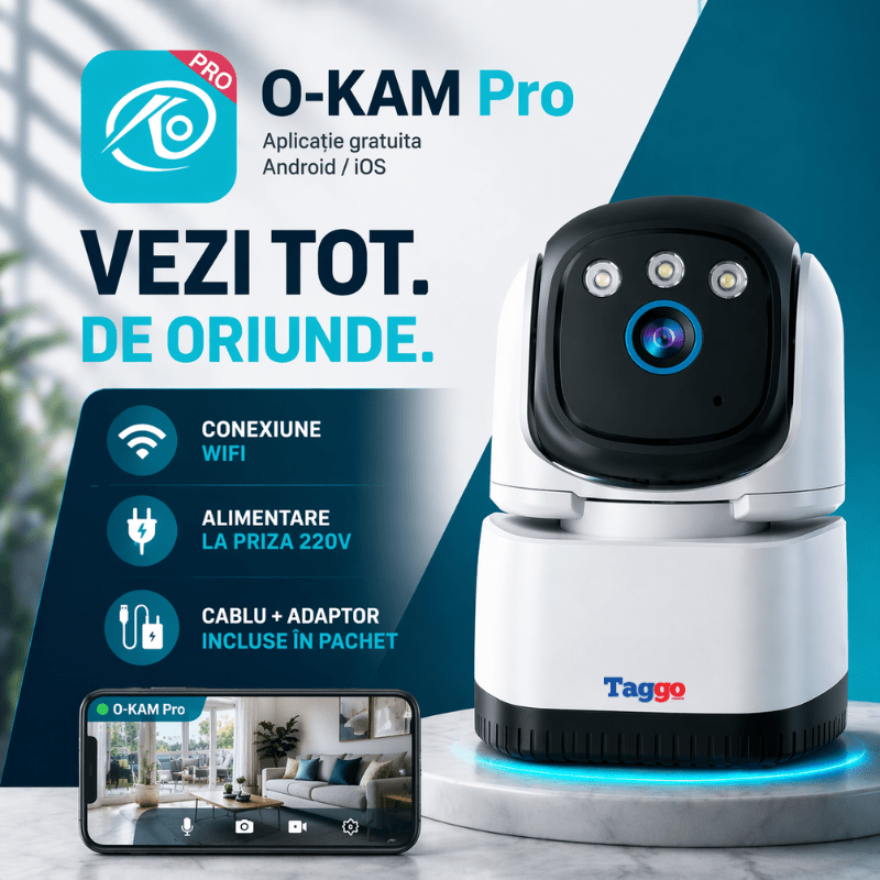 Camera de supraveghere interior Taggo cu WiFi, rezoluție 4MP, detectare persoane și vedere nocturnă.