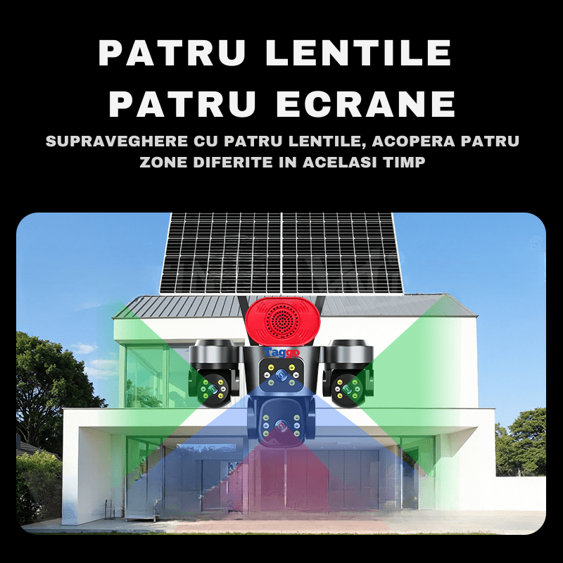 Camera de Supraveghere 4 Lentile, 16MP, Dublu Panou Solar, Conexiune 4G, Control din Aplicatie, Viziune Colora si IR, Comunicare Bidirectionala, Protectie IP66