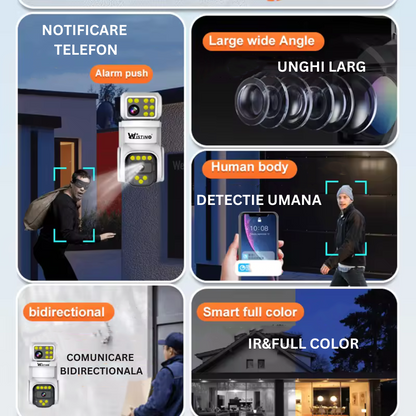 Camera de supraveghere WIFI 4K, 8MP, 2 lentile, Rezistenta la apa IP66, Control din aplicatie, Urmarire automata