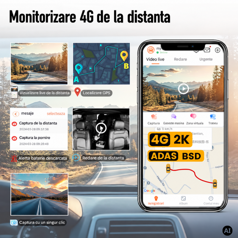 Camera de bord Crocodil 2K Conexiune 4G, 4 Camere, Monitorizare parcare 24h, GPS,  Ecran 3 inch