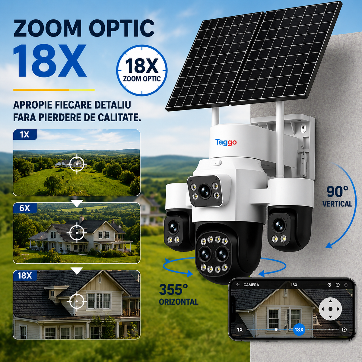 Camera supraveghere HiEasy 4K 4G cu eSIM, 20MP, 5 lentile, Zoom 18X, functie AOV, dublu panou solar, detectie umana AI, comunicare bidirectionala